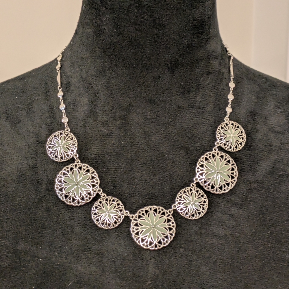 Silver And Green Emailed Metal Flowers 20" Necklace